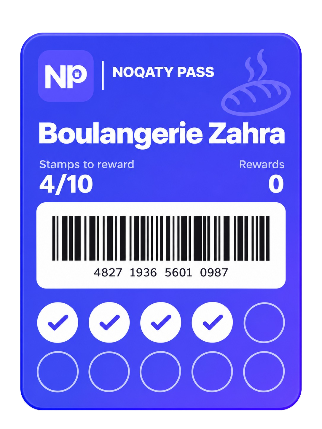 Example stamp loyalty card for a bakery showing 4 of 10 stamps collected