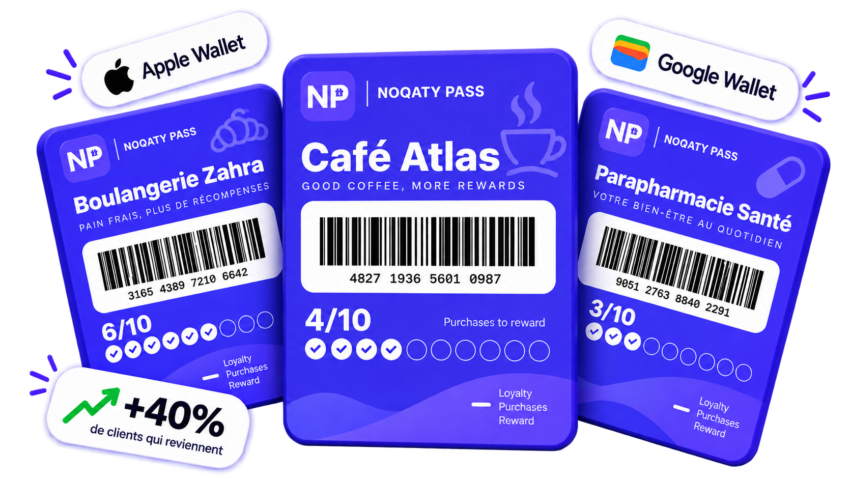 Noqaty Pass loyalty cards shown in Apple Wallet and Google Wallet