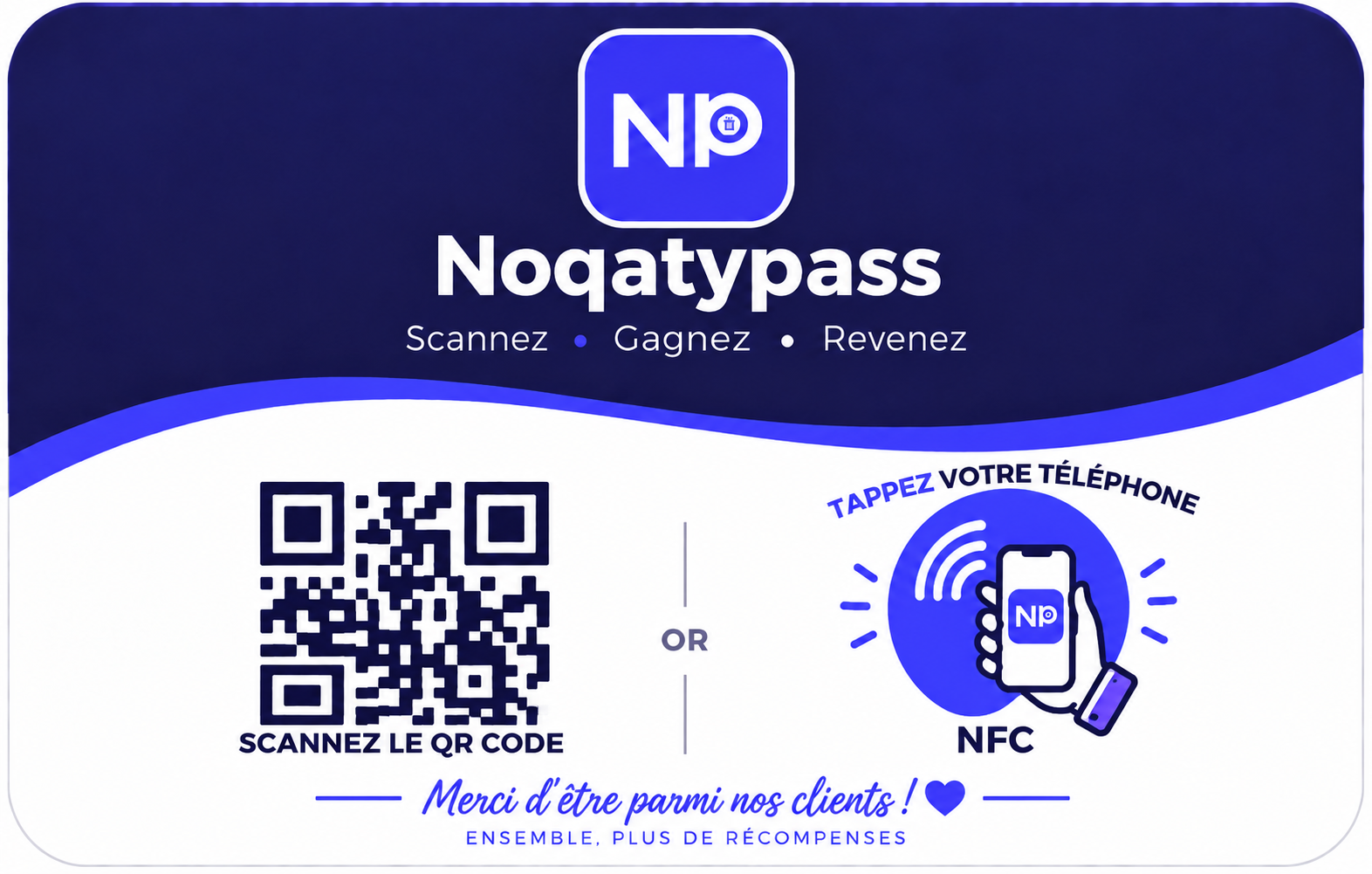 Noqaty Pass 9 × 15 cm NFC card, showing the scan and tap options