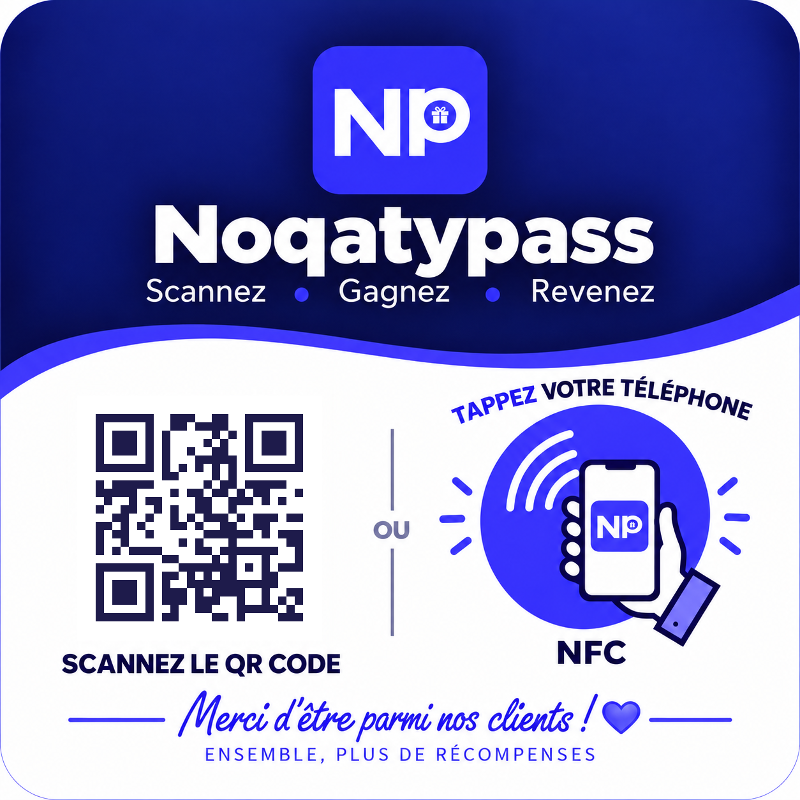 Noqaty Pass 10 × 10 cm NFC plaque, showing the scan and tap options