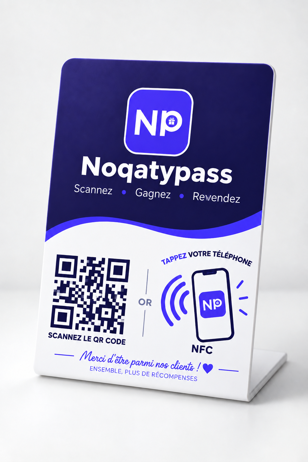 Noqaty Pass NFC card upright in a 9.5 × 16 cm acrylic stand